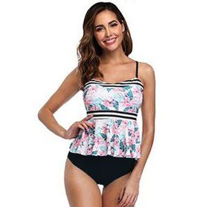 MARINA VIDA WHITE FLORAL RUFFLE HEM TWO PIECE SWIMSUIT